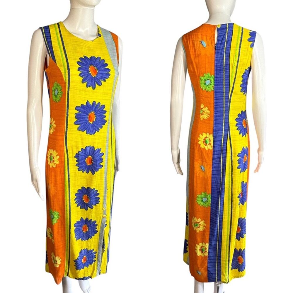 Vintage 90s Jams World Sleeveless Maxi Daisy Orange Yellow Blue Sun Dress Small